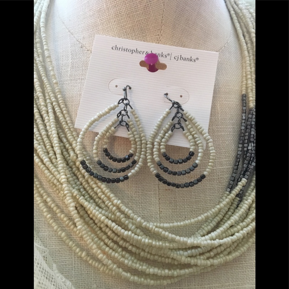 Boho Necklace Set w Earrings Layered Tiny beads in cream